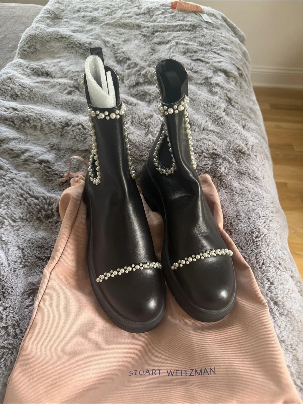 Stuart Weitzman Black Leather Pearl-Trim Chelsea Booties